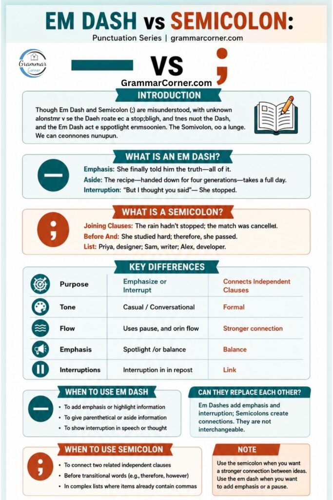 Difference Between Em Dash Vs Semicolon Anchor Chart