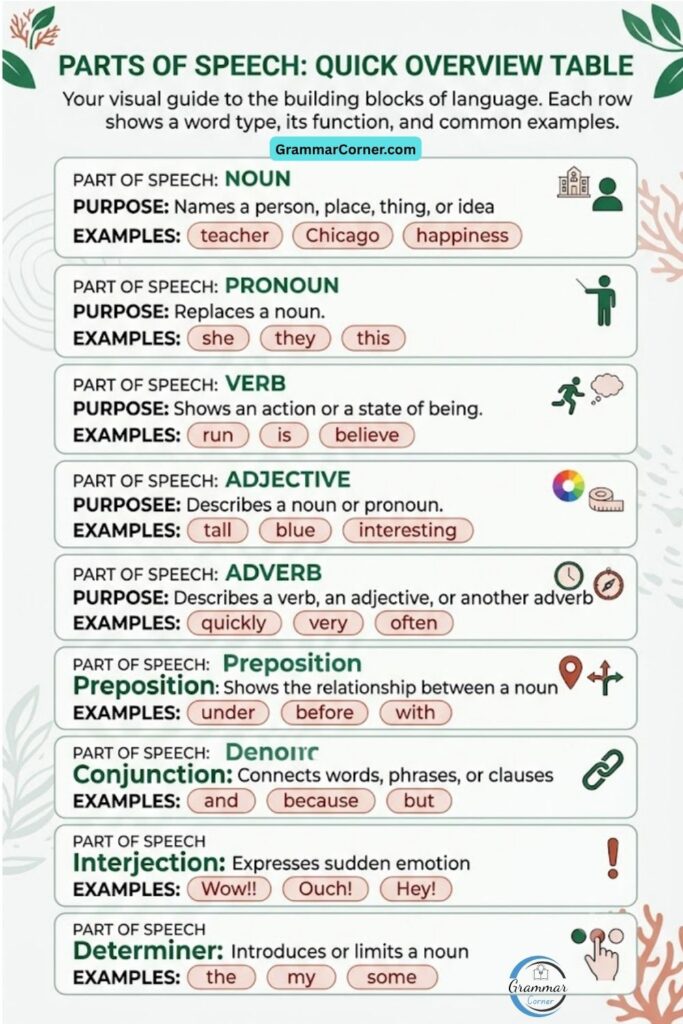 Parts of Speech Table (Types and Examples)