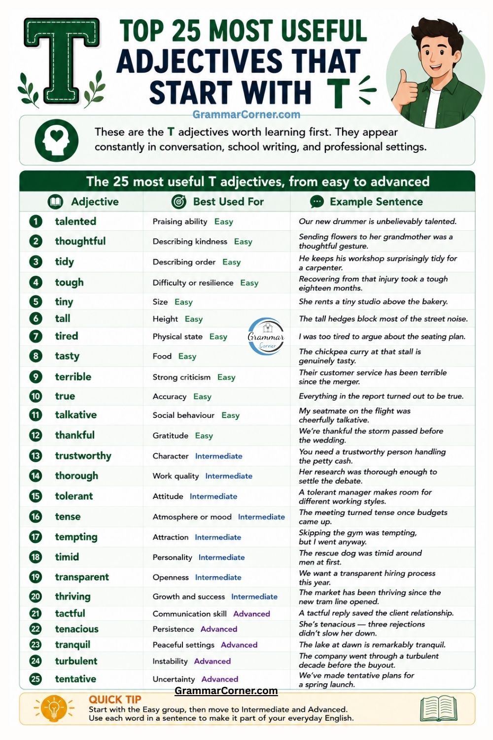 25 Useful Adjectives That Start With T with meaning and examples