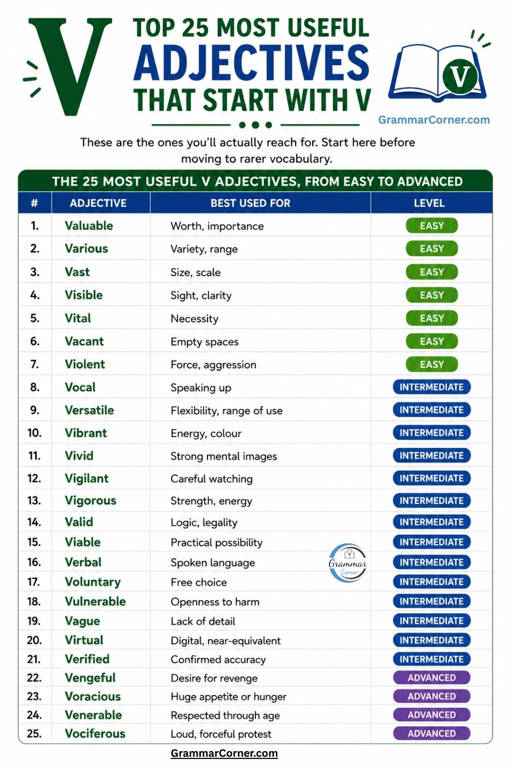 25 Useful Adjectives That Start With V with meaning and examples