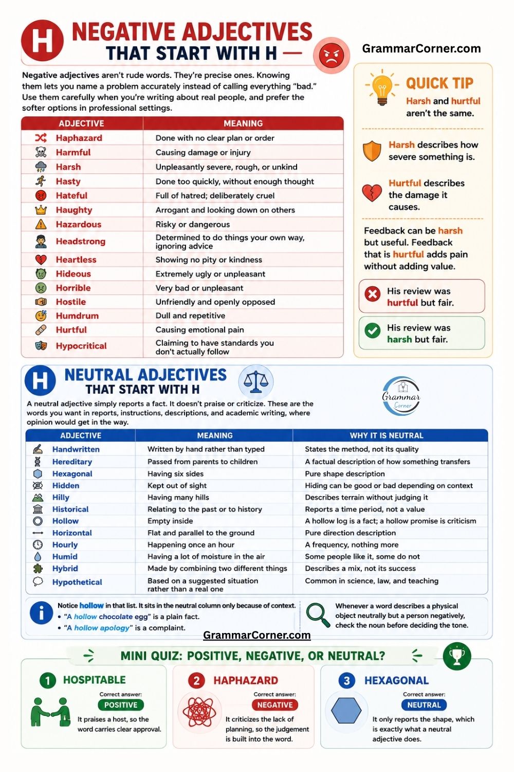 Negative & Neutral Adjectives That Start With H