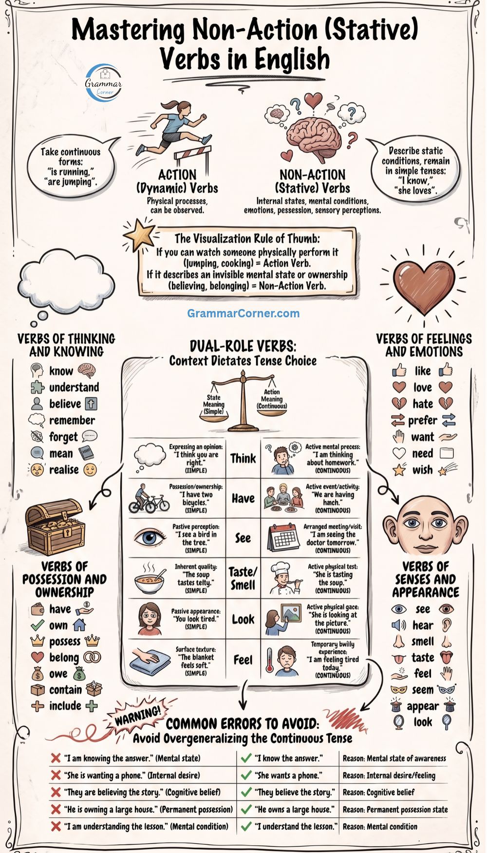 Non-Action Verbs  (Stative Verbs) Rules and Examples