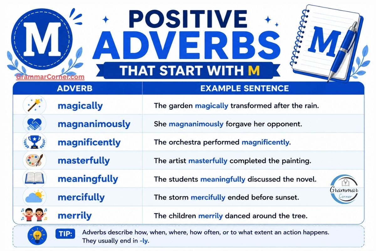 Positive Adverbs That Start With M