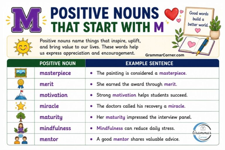 Positive Nouns that start with M